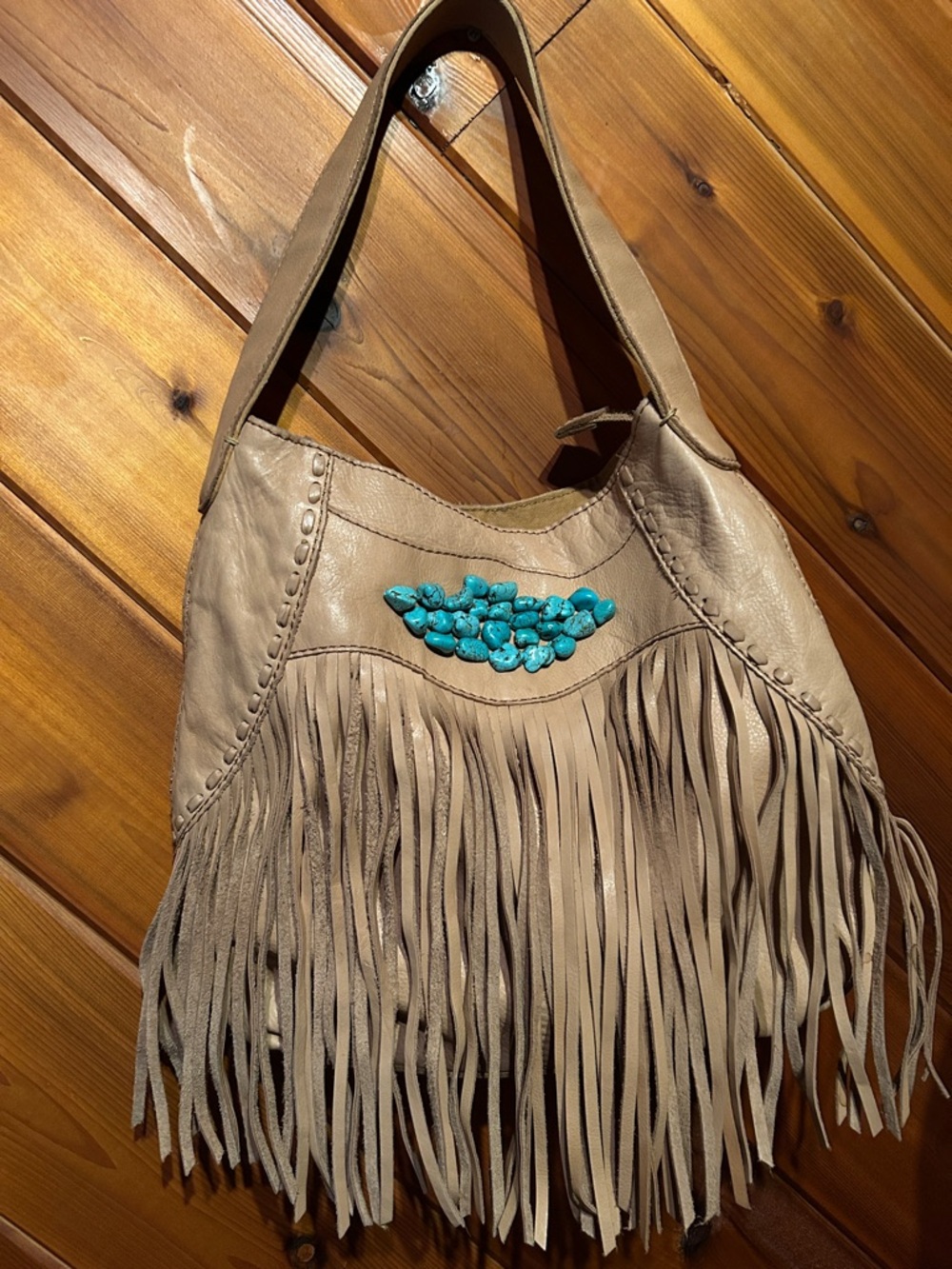 Fringed Beige Leather Tote with Turquoise Accent